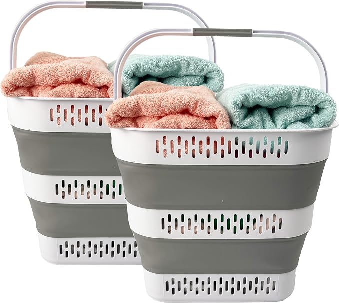SAMMART 38L(10 Gal) Collapsible Laundry Basket - Foldable Pop-Up Storage Container/Organizer-Portable Space Saving Hamper, Measure 17.5x13.3x15.7"/3.8" Expanded/Collapsed (2, White/Grey) by SAMMART