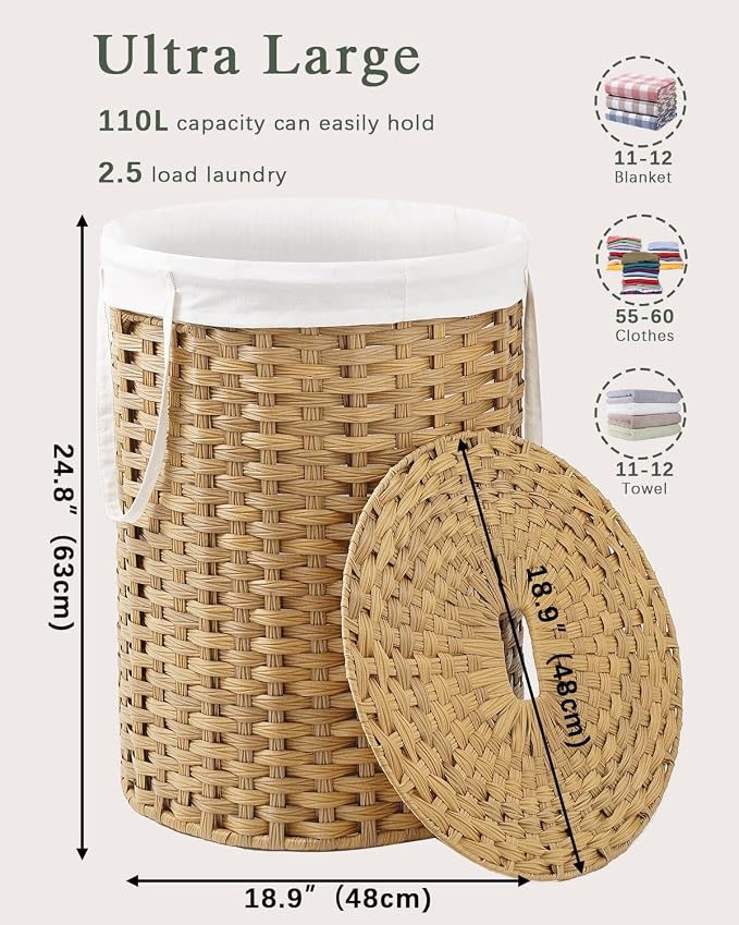 SETVSON Laundry Basket with Lid Round 29.1 Gal PE Rattan, Natural | Family Clothes & Blanket Trunk with Lid, Removable Liner Bag with Handles, 2 Mesh Wash Bags, Collapsible Steel Frame - Image 4