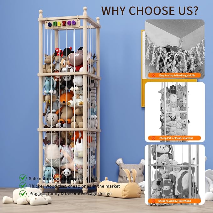 Stuffed Animal Storage Wood Toy Storage Organizer, Upgraded Design from Bean Bag Stuffed Animal Hammock Plushie Net, Large Toy Chest Stuffed animal holder for Kids Nursery Playroom Bedroom （XL） - Image 4