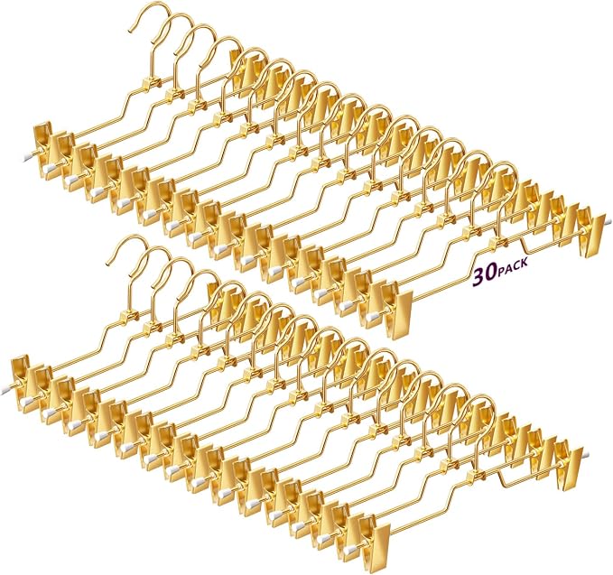 30Pack Heavy Duty Metal Pants Hangers,Pants Hangers with 2 Adjustable Clips | Gold Skirt Hangers with 360° Swivel Cost Hook, Space-Saving Shorts Hangers for Pants, Jeans, Slacks, Short Skirt by WSJYKN
