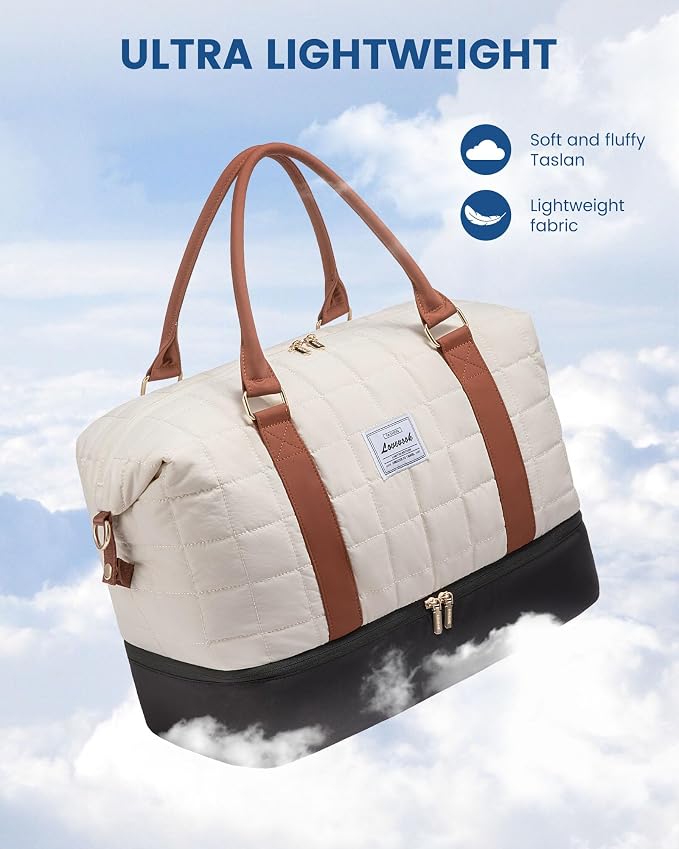LOVEVOOK Large Duffle Bag for Travel, Puffer Weekend Bags for Women Travel Tote, Carry on Duffel Bag for Airplanes, 18 Inch Personal Item Bag Gym Bag Women, Black-White-Brown - Image 3