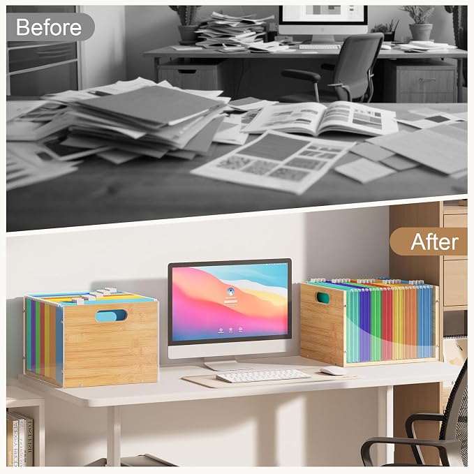 Sbanmao 3 Pack Hanging File Organizer, Acrylic File Box Organizer, Bamboo File Crate File Cabinet Storage Box, File Folder Organizer for Home Office Desk, Letter Size - Image 8