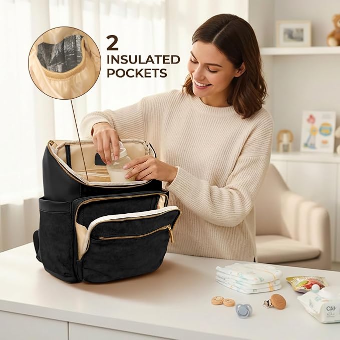 miss fong Leather Diaper Bag Backpack Suede Baby Backpack with Changing Pad | 14Pockets Convertible Mommy Diaper Backpack for Mom Waterproof Wet Pocket,Insulated Pockets,Stroller Straps Luggage Sleeve - Image 6