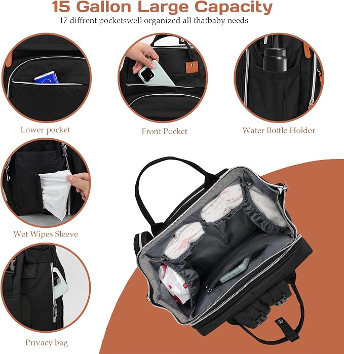 Diaper Bag Backpack for New Parents, Large Capacity Baby Travel Bag with Bottle Holders, Multiple Compartments (Black) - Image 2