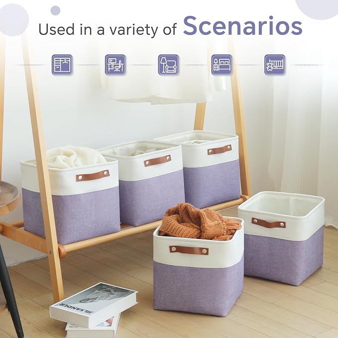 FinishingBo 11 inch Cube Storage Bin 6 Pack, Cube Organizer Bins | Fabric Storage Bins With Handles, 11x11 Storage Cubes, Shelf Basket, White/ Purple - Image 7