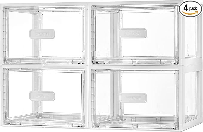 Vtopmart 4 Pack White Stackable Storage Drawers 15QT | Easily Assemble Closet Organizers,Plastic Storage Bins for Bathroom,Cabinet,Kitchen Pantry,Under Sink Organization(Medium) by Vtopmart