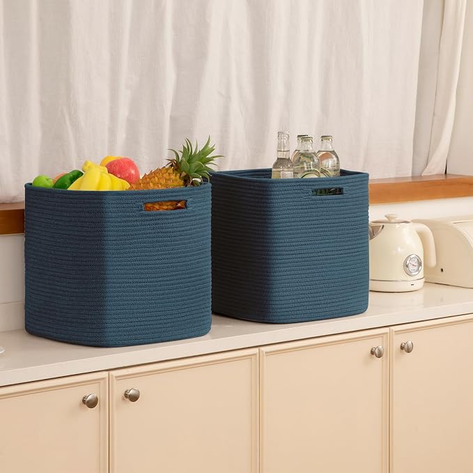 OIAHOMY 2 PACK Cube Storage Bin 13 Inch Collapsible Storage Cube Blue | Cube Storage Organizer Storage Bins for Shelves Baskets for Organizing Woven Rope Storage Baskets - Image 6