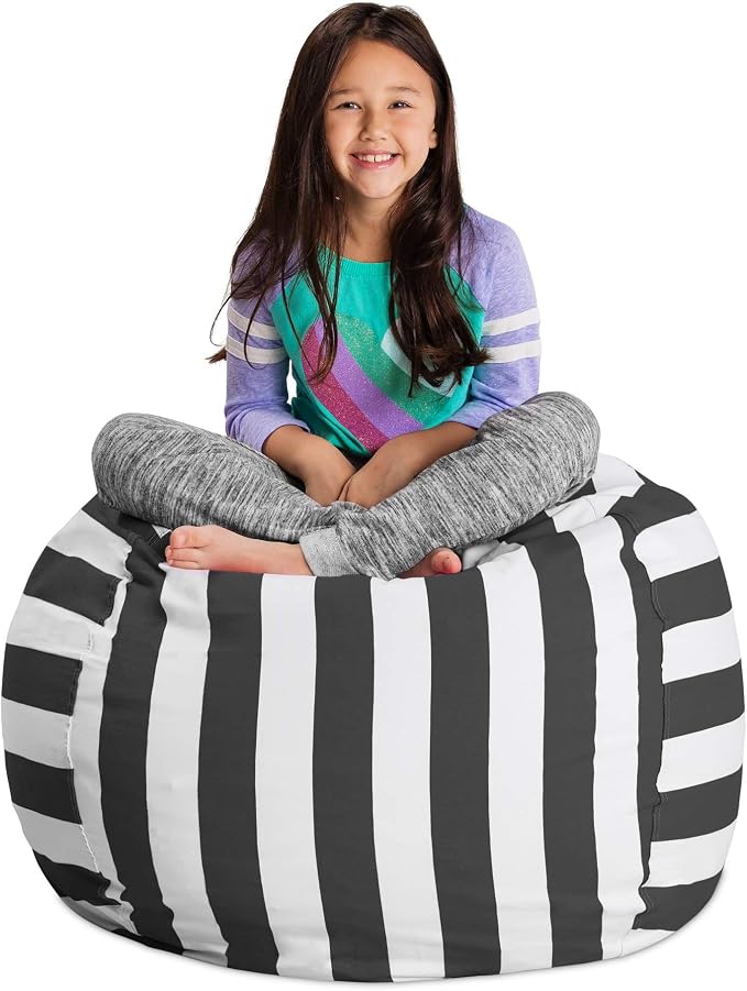 Posh Stuffable Kids Stuffed Animal Storage Bean Bag Chair Cover - Childrens Toy Organizer, Large 38" - Canvas Stripes Gray and White by PoshCreations