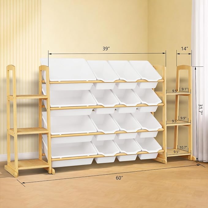 Kids Toy Storage Organizer with Bookshelf – Wooden Shelf with 16 Bins & 6 Shelves, Quick Assembly Storage Rack for Playroom, Bedroom, Nursery - White - Image 2
