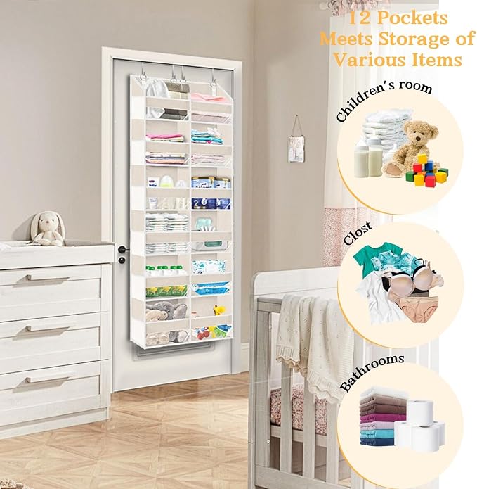 Over the Door Organizer 6 Tiers, Extra Large Behind Door Storage of 12 Compartments,80 lbs Weight Capacity Hanging Storage Organizer with Clear Window Kids Toys, Shoes, Diapers,Beige - Image 6