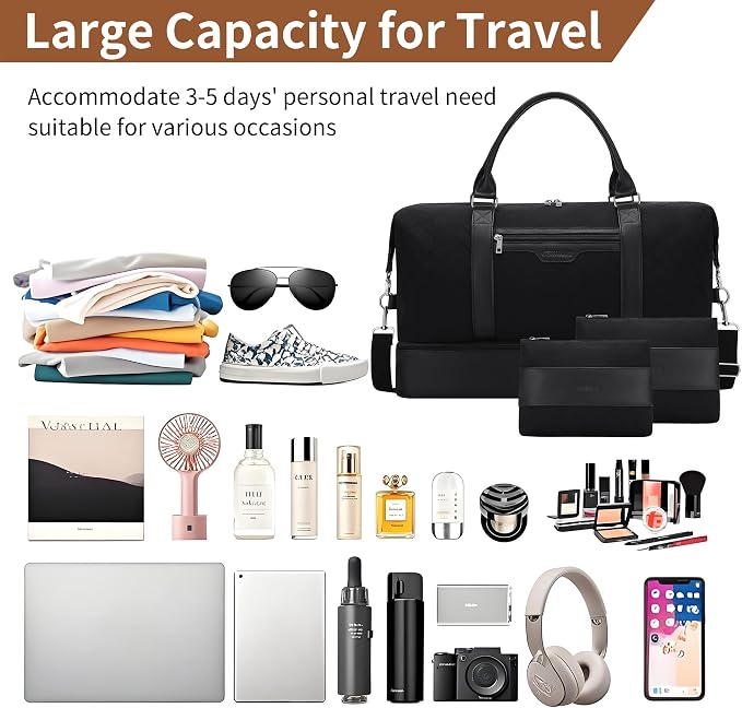 Oeihuivt Weekender Bags for Women - 21 Inch Large Travel Duffel Bag 3-Piece Set with Shoe Compartment, Heavy-Duty Canvas & Leather Carry On Overnight Tote (Airplane Approved) - Image 3