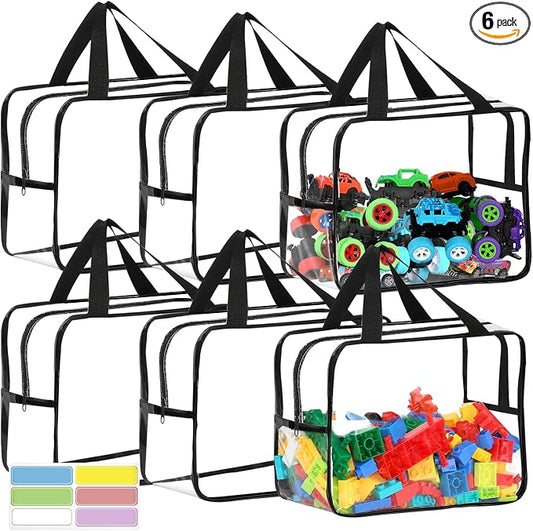6 Pcs Widen XL Toy Storage Bags Waterproof Clear Toy Organizer with Labels | Reusable PVC Transparent Organizer Bags with Zipper 12.6×9.25×6.9In for Building Blocks, Puzzle, Board Games Travel Storage by OPELETNNT