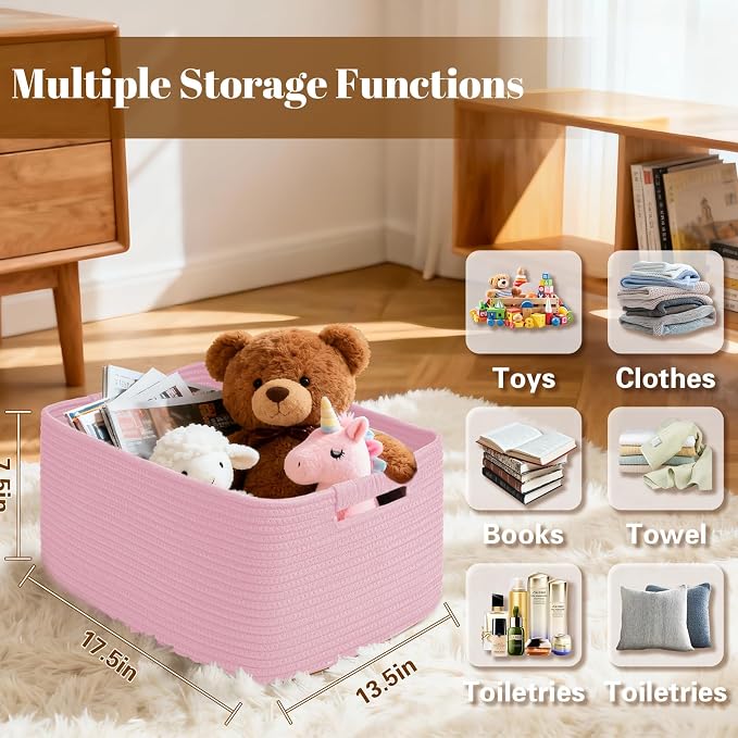 3 Pack Large Storage Basket for Organizing, 17.5"x13"x7" Woven Basket for Shelves, Closet Cube Storage Bins with Wrapped Handle, Cotton Rope Baskets for Kitchen, Clothes, Toys(Light Pink) - Image 3