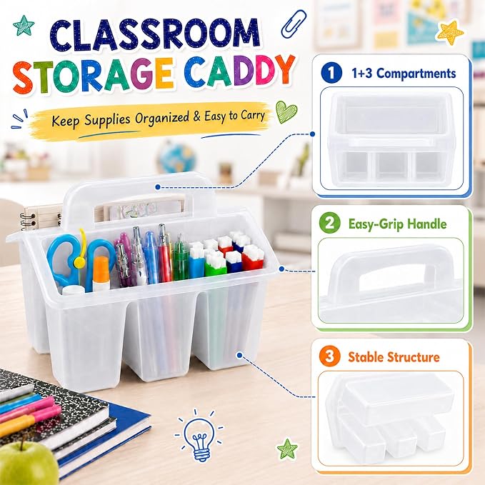 gisgfim 8 Pack Classroom Caddy Storage Basket with Handle 4 Compartment Storage Caddy Plastic Arts Crafts Caddies Protable Classroom Craft Caddies for Students Schools Art Craft Supplies(Clear) - Image 3