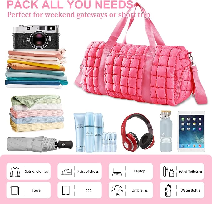 Quilted Travel Duffle Bag Gym Bag for Women,Large Puffer Duffle Weekender Bag with Compartment,Workout Overnight Carry on Organizer Bag Duffle Bag for Airplane Travel(Pink) - Image 5