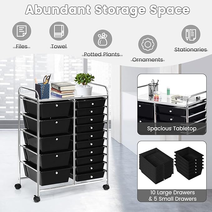 COSTWAY 15 Drawer Rolling Storage Cart, Mobile Storage Organizer | Removable Drawers & Metal Frame, Multipurpose Utility Tools Paper Organizer on Wheels for Home, Office (Black) - Image 4