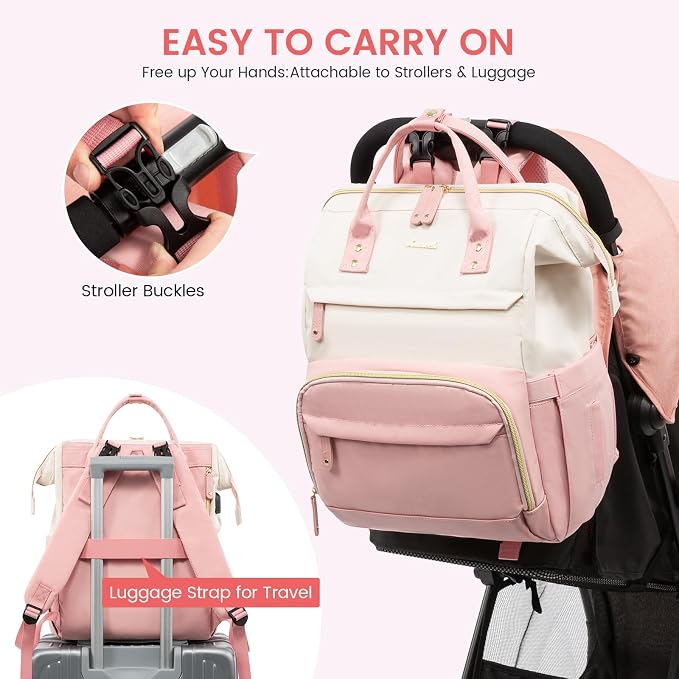 LOVEVOOK Diaper Bag Backpack, Baby Bag with Changing Station, Large Diaper Backpack for Moms Dads, Waterproof Leather Accents Baby Boy and Girl Bag for Travel Baby Essentials, Pink-Beige - Image 4
