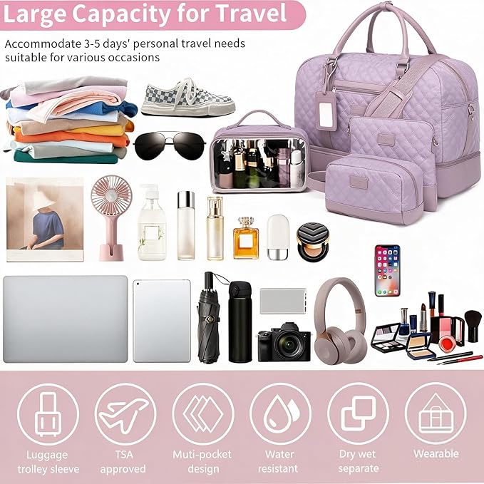 4PCS Weekender Bags for Women Large Overnight Weekend Travel Duffel Bags | Travel Bag Carry-on Tote Hospital Bag with Shoe Compartment Crossbody Toiletry Bag for Travel Business Gym Water Resistant - Image 3