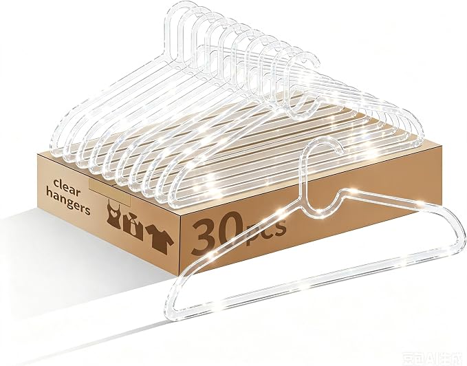 Clothes Hangers 30 Pack, 16" Heavy Duty Coat Hanger, Clear Acrylic Hangar, Non-slip Short Neck Hanger for Closet, Space Saving Slim Thin Perchas for Adult Suit, T-shirt, Jacket, Dress, Blouse Clothing by WJWSKI
