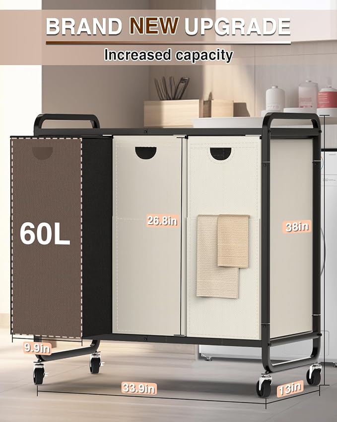 Laundry Sorter 3 Section,Laundry Basket with Wheels,3×15.8 Gal (60L) | Laundry Room Organization with Wooden Desktop Shelf,Pull-Out and Removable 900D Oxford Fabric Laundry Bags for Laundry Room - Image 6