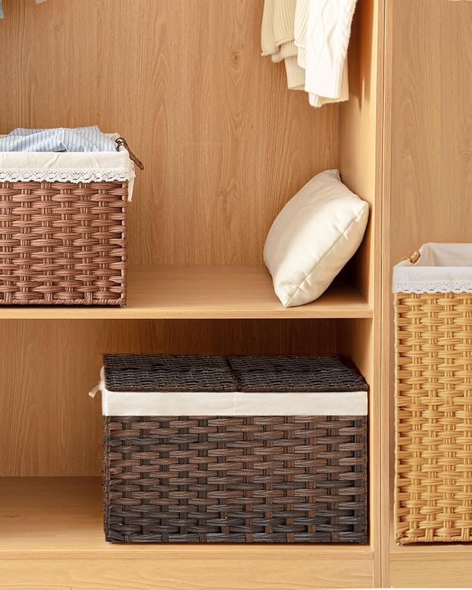 SETVSON Storage Basket with Lid, 2-Lid PE Rattan Storage Bin, Brown | 65L Storage Bin with 2 Separate Lids, 2 Removable Liners with Divider for Clothes & Blankets, Sturdy Frame, Brown - Image 7