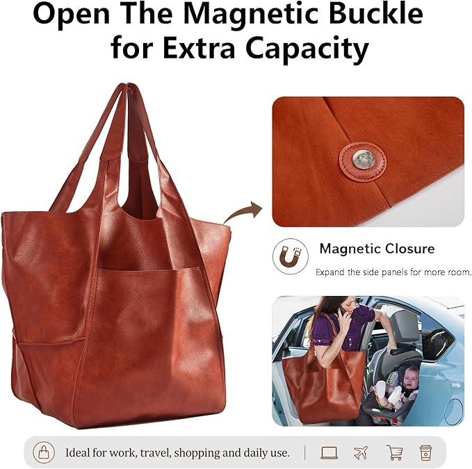 KlaOYer Oversized Leather Tote Bag Huge Capacity Work Hobo Pu Leather Bucket Purse And Handbag Large Soft Travel Shopping Bag - Image 4