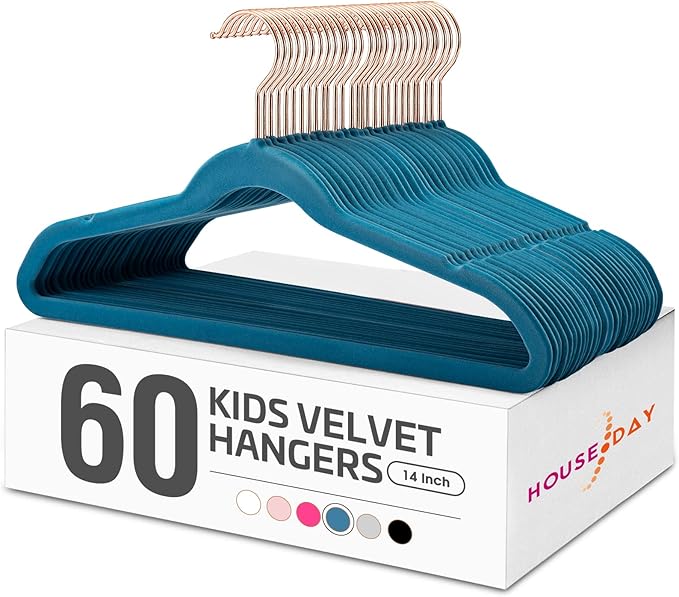 HOUSE DAY Velvet Kids Hangers 60 Pack, Premium Childrens Hangers for Closet | Light Blue Ultra Thin Cute Clothes Hanger, Non Slip Small Felt Hanger 14 Inch for Kids Clothes +360° Swivel Rose Gold Hook by HOUSEDAY