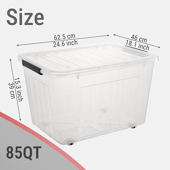 Cetomo Plastic Storage Bins, Lidded Storage Box with Wheels for Home Office Dorm, Wheeled, Stackable, Clear, 85Quart-6 Pack - Image 4