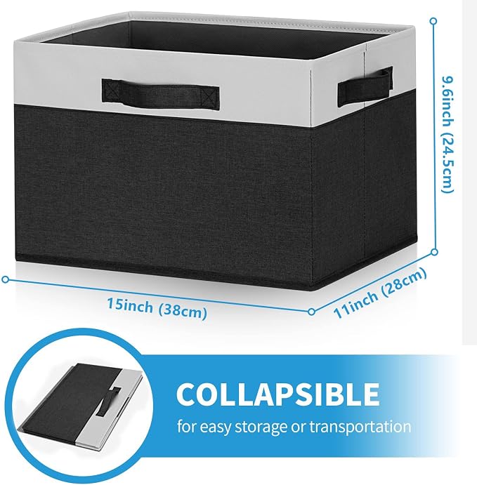 GhvyenntteS Large Storage Baskets for Shelves 3 Pack, Collapsible Fabric Storage Bins with 3 Handles, Decorative Closet Organizers and Storage bins for Clothes Blanket Beddings (Black, 15"x11"x9.6") - Image 2