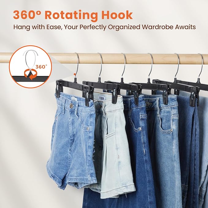 HOUSE DAY Black Pants Hangers with Clips 50 Pack, 10 Inch Skirt Hangers | Non-slip clips hold folded pants, skirts and kids' clothes; 360° swivel hook and compact design fit dorms and small closets - Image 4