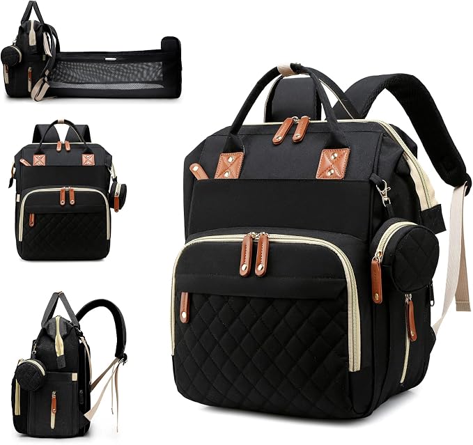 Diaper Bag with Changing Station, Waterproof 3 in 1 Diaper Backpack with Foldable Changing Pad, Insulated Bottle Holders,Large Travel Backpack for Mom & Dad, Baby essentials,Black by Lamroro