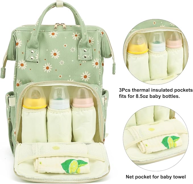 Corduroy Diaper Bag Backpack for Baby Girls Boys, Women Large Nappy Bags for Mom (Green Corduroy Daisy) - Image 3