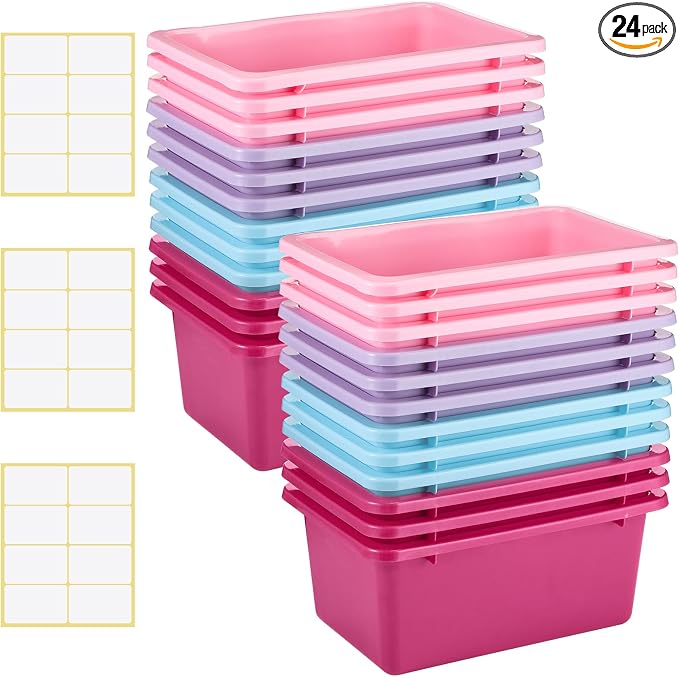 Outus 24 Pack Book Bins for Classroom Plastic Cubby Storage Bins Colored Kids Toy Organizer Container with 120 Pcs Self Adhesive Label for Student Teacher Library School Office Home (Pastel Color) by Outus