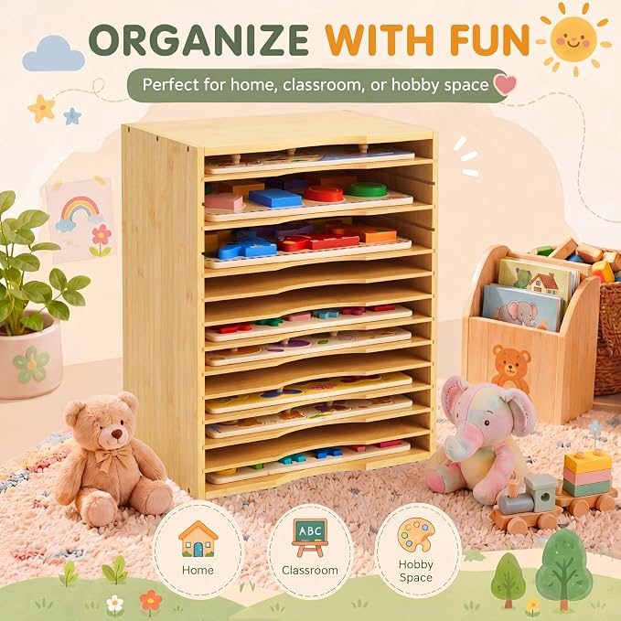 Ripeng 1 Pack Bamboo Puzzle Holder Rack, 12-Tier Adjustable Storage Organizer for Flat and Thick Jigsaw Puzzles, Space Saving Desktop Shelf, Gift for Craft Jigsaw Puzzle Lovers (Natural Wood) - Image 5