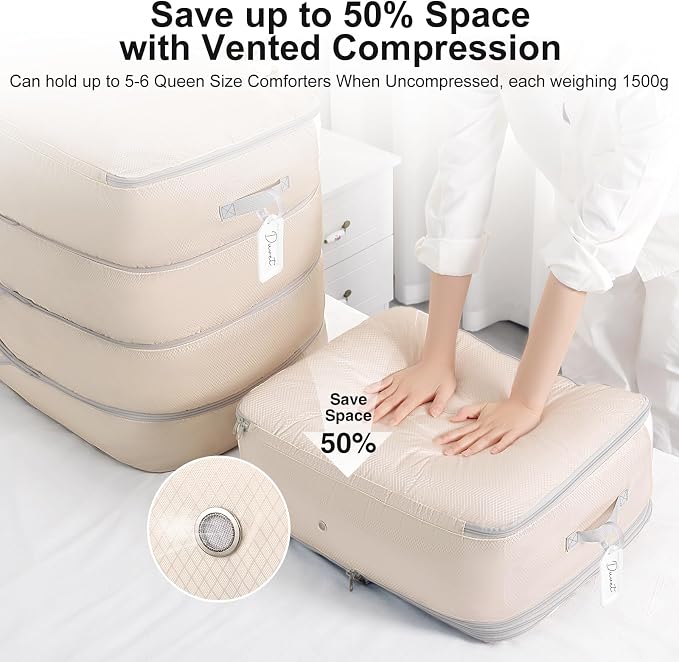 Comforter Storage Bag - 130L Large Capacity Blanket Storage Bags 4-Layer Ultra Space Saving Self Compression Organizer, Washable Compression Bags for Storage Comforter Blanket, 4-Pack, Beige - Image 3