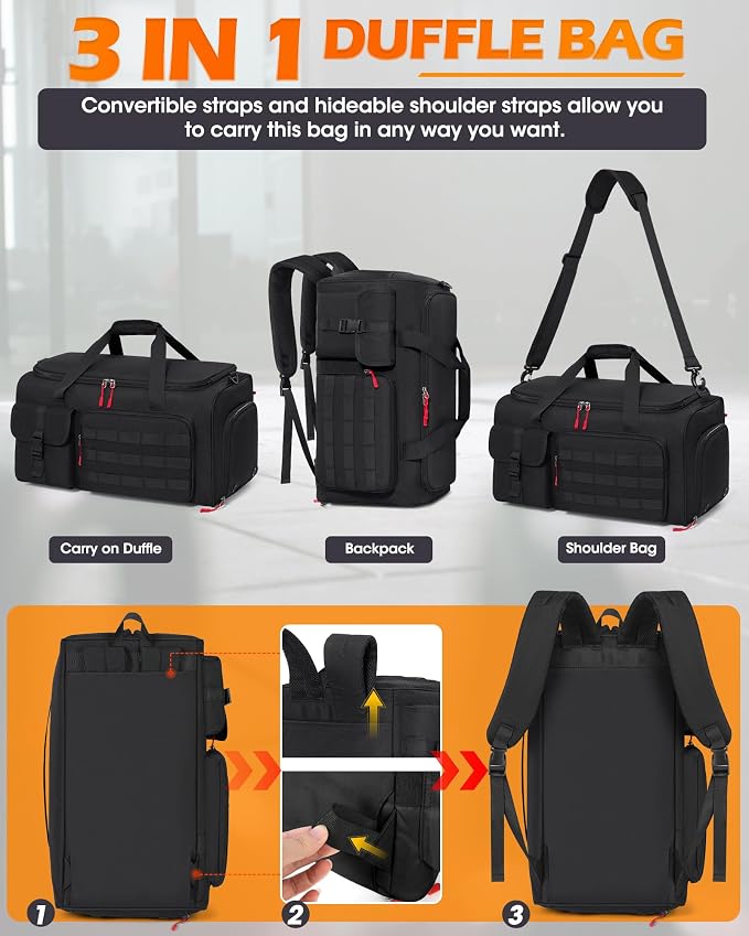 RAINSMORE Gym Bag for Men, 45L Sports Travel Duffel Bag with Shoe & Laptop Compartment, Gym Workout Backpack Carry On Weekender Bag Overnight Backpack for Travel, Black - Image 2
