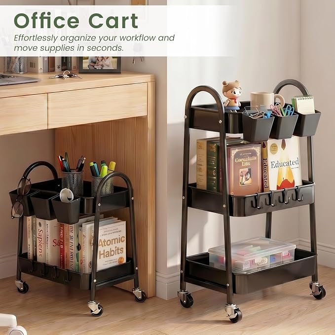danpinera 2-Tier Rolling Cart, Utility Cart Mobile Metal Rolling Storage Cart with Lockable Wheels & Hanging Cups & Hooks for Kitchen, Bathroom, Office, Workshop, Purple - Image 7