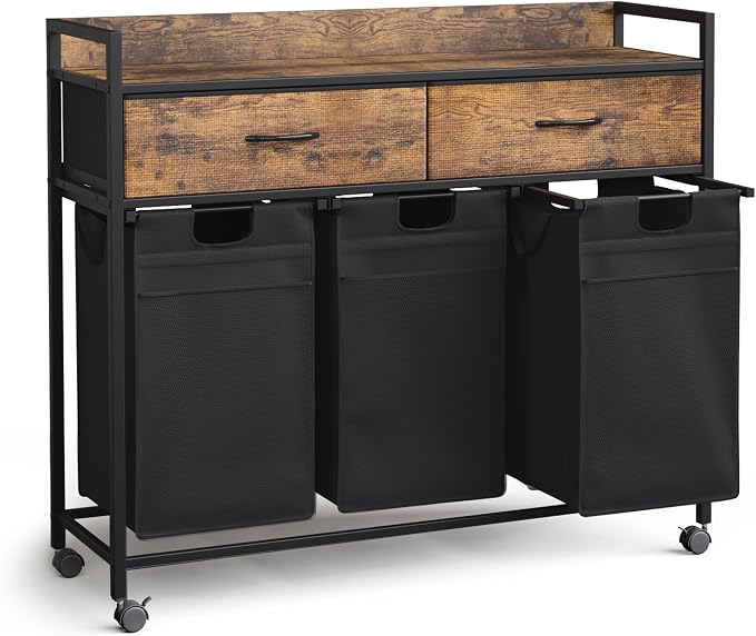 Mondeer 150L Laundry Sorter 3 Section with 3 Bags 4 Wheels 2 Drawers | 50L x 3 Pull-Out Laundry Hamper Baskets Removable for Laundry Room Bathroom, Rustic Brown and Black by Mondeer