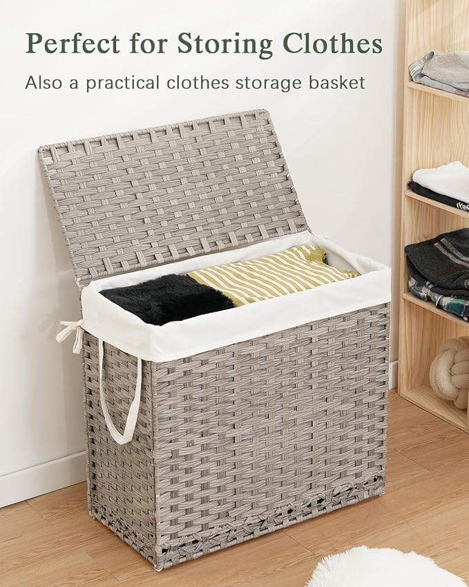 SETVSON Laundry Hamper with Lid Laundry Basket 132 L PE Rattan, Gray | 35 Gal PE Rattan Hamper with Lid, 4 Removable Washable Liners, 6 Mesh Laundry Bags, Steel Frame, Side Handles - Image 4