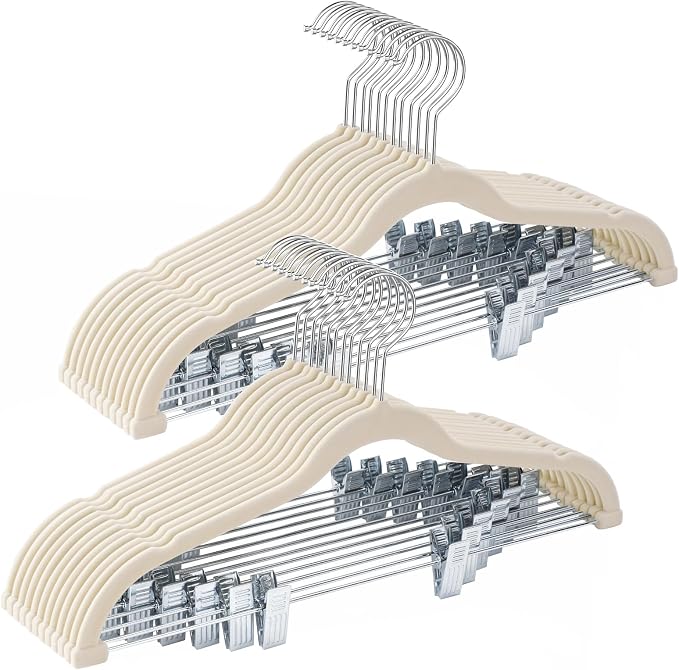 24-Pack Beige Velvet Hangers with Clips Adjustable,Adult Hangers,Heavy-Duty,Felt,Non-Slip,Space Saving,Slim Outfit Hanger for Pants, Skirts, Suits,Coats, Dresses ect. by Uilmart