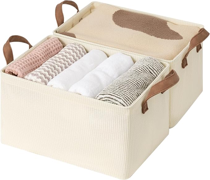 StorageWorks Closet Storage Bins, Shelves Baskets, Beige, 2-Pack | With Reinforced PU Handles, Sturdy Metal Frame, Collapsible, Basket for Shelves, Closet, Holds Clothes, Towels, Blankets by StorageWorks