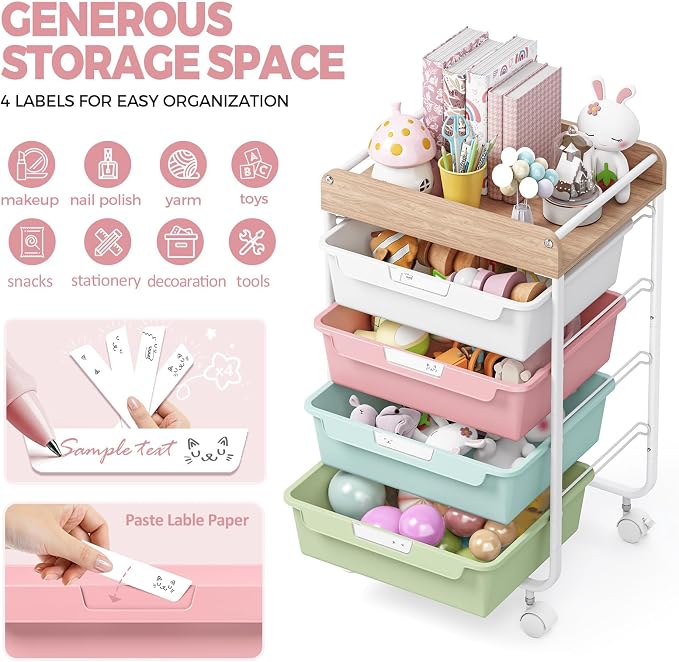SYKIARIOL Rolling Storage Utility Cart with 4 Drawers,Art Cart,Colorful | Kids Craft Cart,Makeup Organizer and Storage with Wooden Tabletop - Image 2