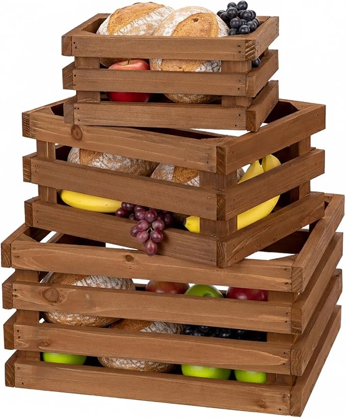 Set of 3 Nesting Wooden Storage Crates - Rustic Wooden Storage Crates for Display Brown Wood Container Boxes Wood Baskets for Farmhouse Flower Stand Display Rack for Shops or Exhibitions Home Decor - Image 7