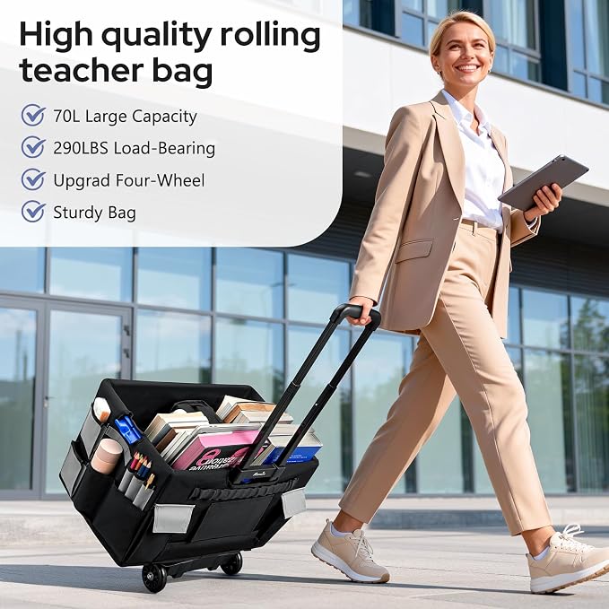 KEDSUM 2 in 1 Rolling Cart with Canvas Organizer Bag, 290LBS/70L Capacity Collapsible Teacher Rolling Cart with Lid for School, Craft, Office & Garden, Ideal for Teacher, Therapist & Crafter - Image 3