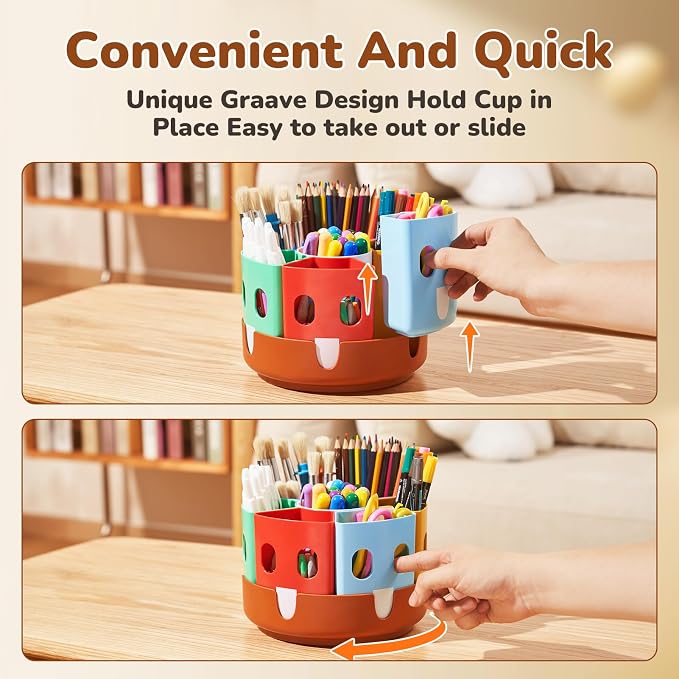 GAMENOTE Rotating Art Supply Organizer, Lazy Susan Caddy, Small | Rotating organizer keeps markers, crayons and craft supplies visible and easy to reach on classroom or home desks - Image 6