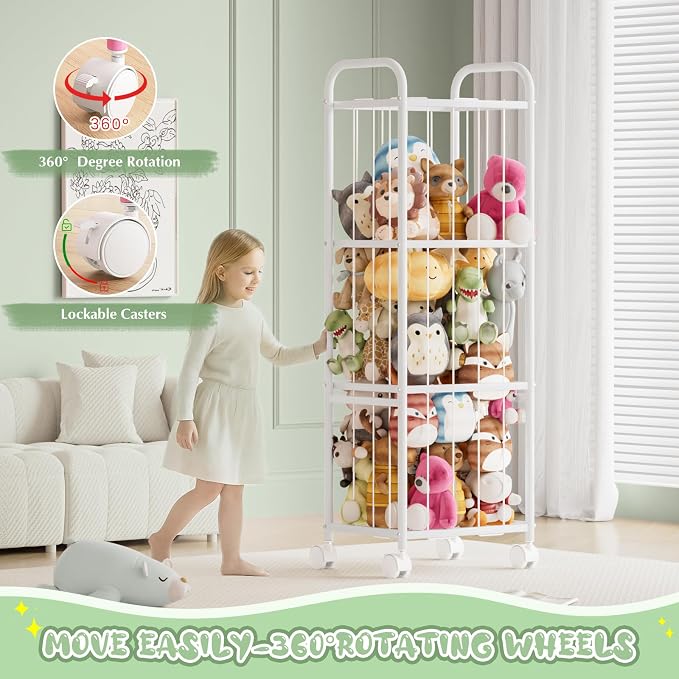 Stuffed Animal Storage Organizer with Wheels for Nursery Playroom | 53.5"x18.1"x13", holds 50+ plushies, sturdy metal frame, 4 casters with 2 brakes, wall anchor included, rounded corners - Image 2
