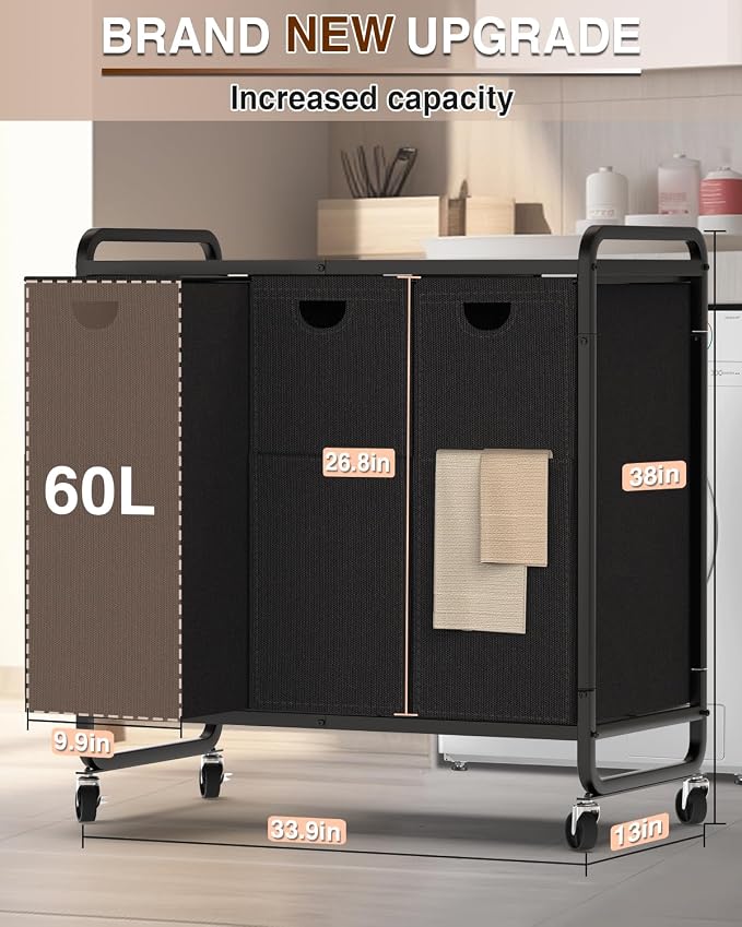 Laundry Sorter 3 Section,Laundry Basket with Wheels,3×15.8 Gal (60L) Black | Laundry Room Organization with Wooden Desktop Shelf,Pull-Out and Removable 900D Oxford Fabric Laundry Bags for Laundry Room - Image 6