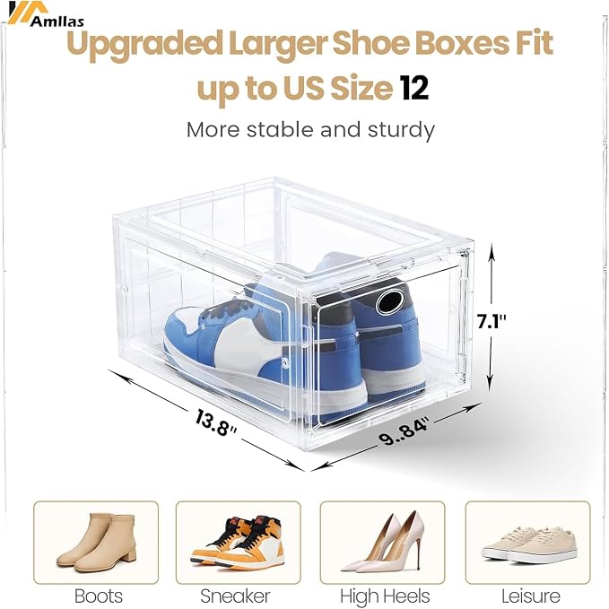 12 Pack Clear Shoe Storage, Stackable Shoe Organizer, Shoe Boxes for Closet | Plastic Shoe Containers with Magnetic Door, Sturdy Sneaker Storage Organizer, Shoe Cabinet Fit up to US Size 12 - Image 2