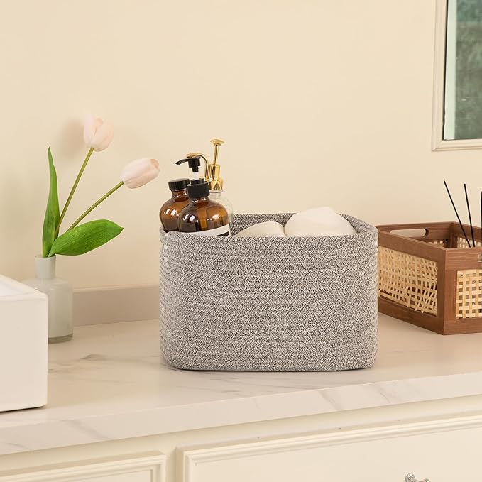 OIAHOMY 4 Pack Storage Baskets for Organizing 15L Cube Storage Bins Grey | Woven Baskets for Storage Rectangle Small Baskets With Handles Baskets for Shelves Wicker Baskets for Shelves 12.7x9x7.8inch - Image 4
