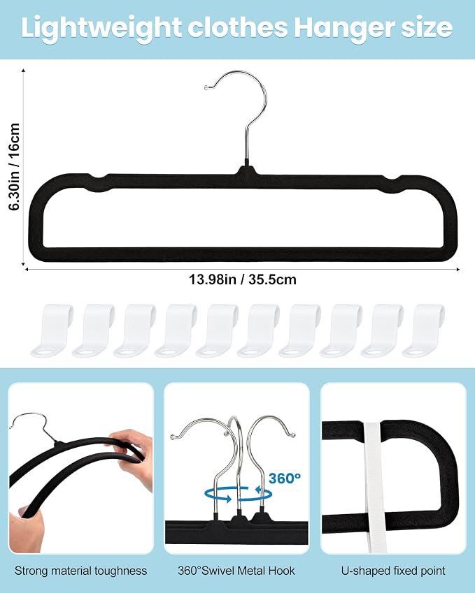 Black Velvet Hangers Non-Slip 20 Pack Felt Hangers for Pants Trouser Hanger | 360° Swivel Silver Hook, Thin Space Saving Clothes Hanger for Jeans Slacks, Slim Perchas Terciopelo, Perchas para Pantalones - Image 3